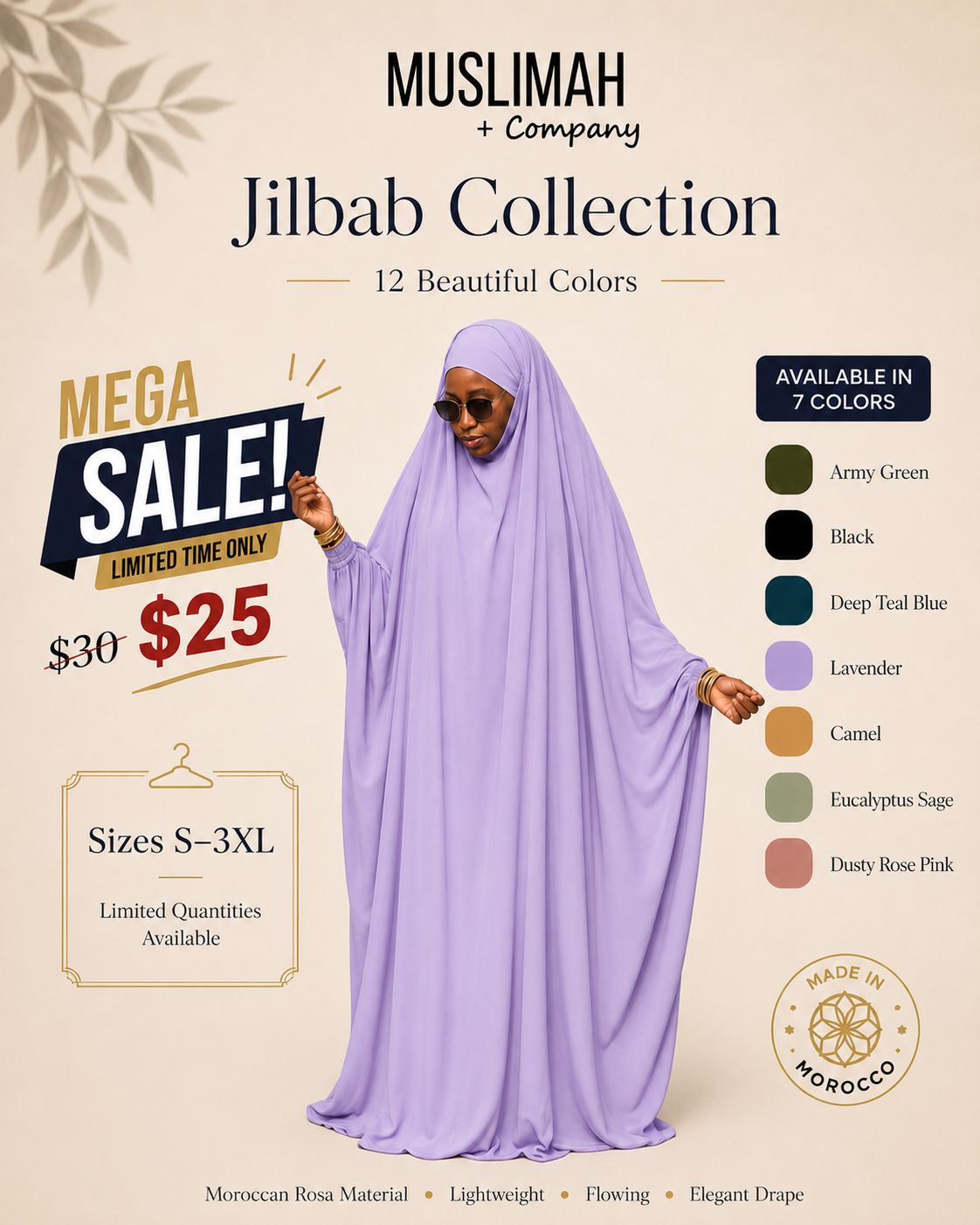 Kamilah Sleeve Style Moroccan Rosa jilbab sale in seven colors