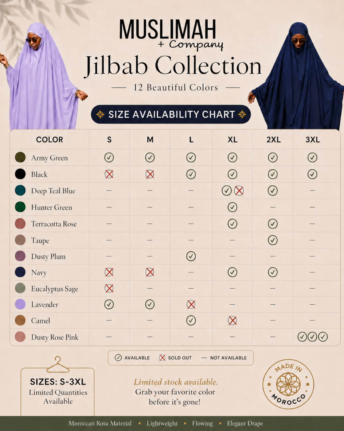 Muslimah and Company jilbab color and size availability chart