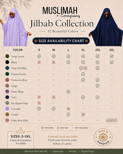 Muslimah and Company jilbab color and size availability chart